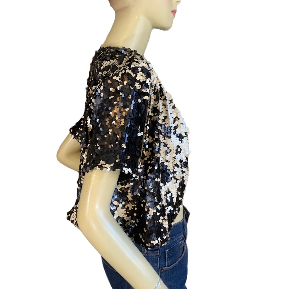 I.N. STUDIO BLACK & CREAM SEQUIN SHORT SLEEVE BOLERO JACKET NWT (L) - Picture 2 of 13